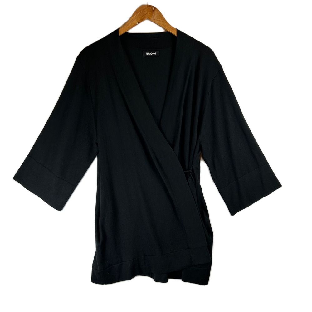 Naadam Black Wrap Cardigan Sweater Kimono Sleeve Side Tie Knit Womens O/S